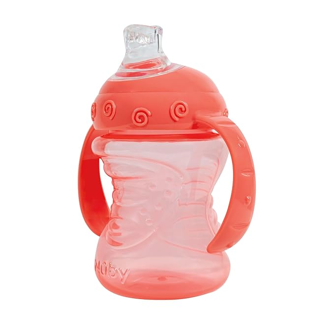 Nuby 3-Pack Two-Handle No-Spill Super Spout Grip N' Sip Cup, 8oz, 3 PK - Coral, Pink, Purple