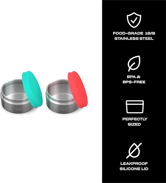 S'well Stainless Steel Condiment Container Set of Two, 2oz, Tangerine/Turquoise, Single Walled Durable Construction, Leakproof Silicone Lids, Dishwasher Safe