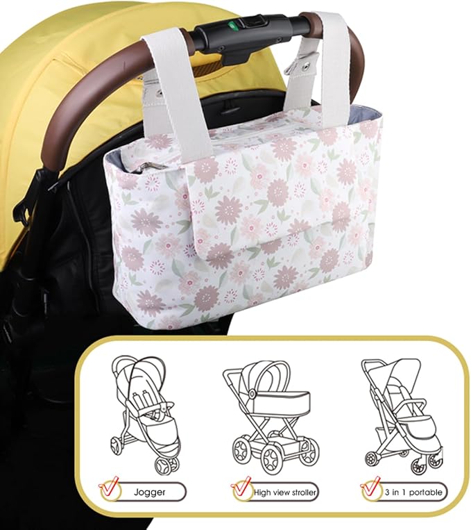 Universal Stroller Organizer with Insulated Cup Holder and Phone Bag, Stroller Bag Caddy Organizer Accessories for Stroller like Uppababy, Baby Jogger, Britax, BOB, Umbrella and Pet Stroller.