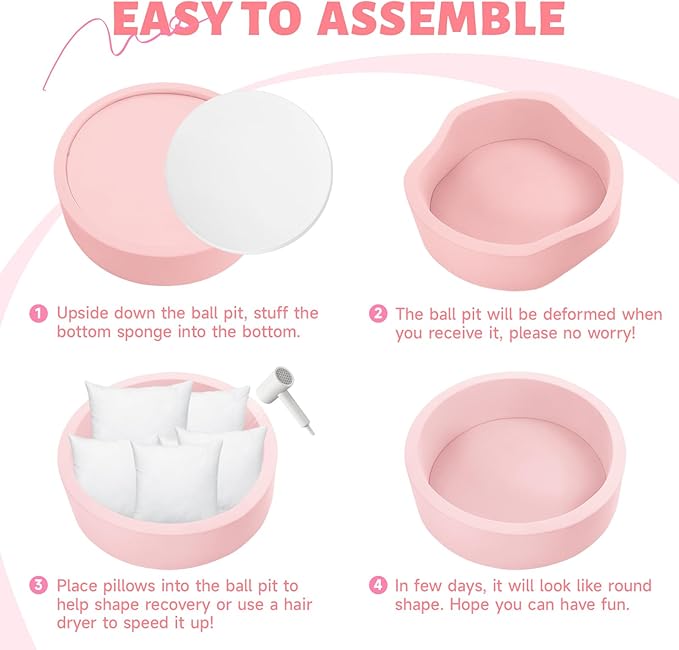 Wilwolfer Foam Ball Pit for Toddlers, Large Baby Ball Pit for Babies with Soft Memory Sponge, Indoor Outdoor Baby Playpen, Kids Play Ball Pool, Gift Toys for Infants Boys and Girls (Pink, NO Balls)