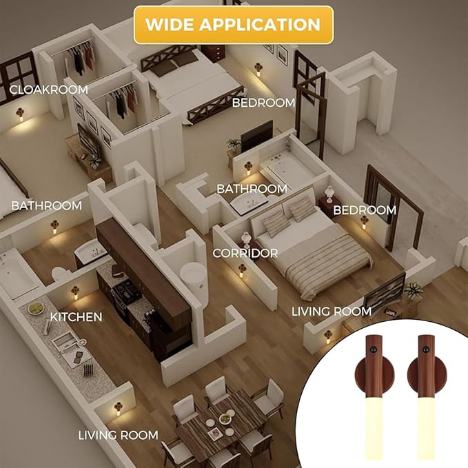 LANDGOO 2-Pack Magnetic Night Light with Motion Sensor, Walnut Wood Cylindrical Rechargeable LED Lamp Set, White Light Only, Portable Bedside Lights for Bedroom Nursery