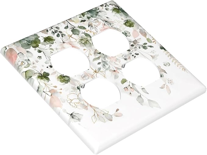 Green Pink Floral Flower Rustic Eucalyptus Leaves Wildflower Outlet Covers 2 Gang Double Duplex Decorative Light Switch Covers Electrical Wallplates Socket Faceplate for Bedroom Living Room Decor