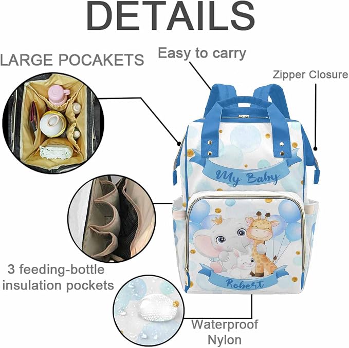 M YESCUSTOM Custom Diaper Bag Backpack with Name Personalized Cute Animals Bag Customized Mommy Bag for Mom Dad Blue