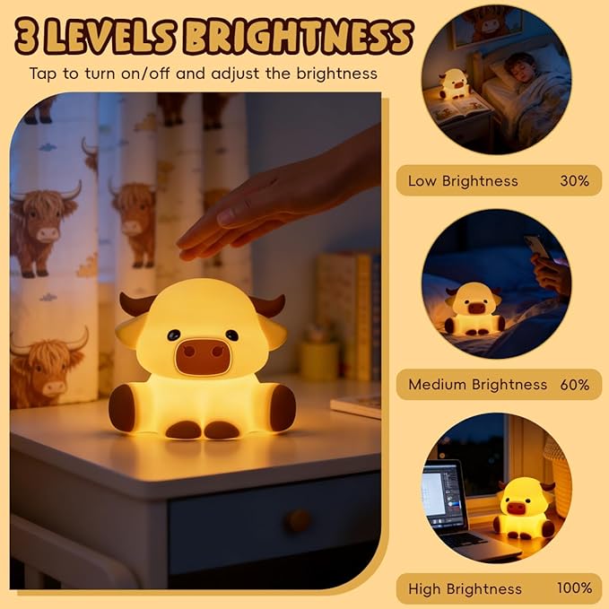 Highland Cow Night Light for Kids, Squishy Touch Control Rechargeable Dimmable Lamp with Timer, Cute Animal Nursery Night Light Boys and Girls Room Decor Gifts