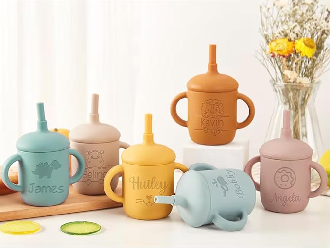 Personalized Silicone Baby Sippy Cup with Straw, Custom Engraved Name Leak-Proof 5oz Toddler Training Cup with Handle & Lid for 6+ Months