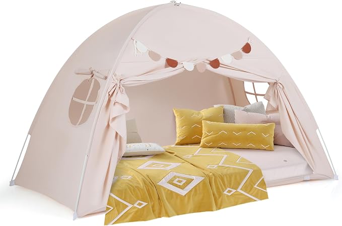 HONEY JOY Bed Tent Twin for Kids, Foldable Play Tent Canopy w/Flags, Windows, Indoor Outdoor Playhouse Toddler Tent, 79” x 39” x 48”, Washable, Kids Tent for Boys Girls Aged 3+, Birthday (Beige)