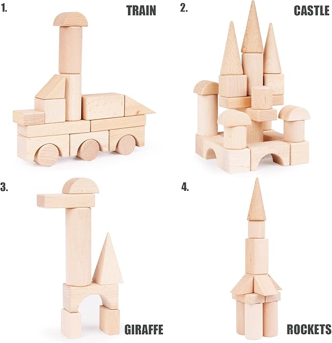 100Pcs Wooden Building Blocks Set- Wood Stacker Stacking Blocks Game Toys for Toddlers, Multiple Shapes, Toddles Blocks- Baby Wooden Blocks for Kids Learning and Playing