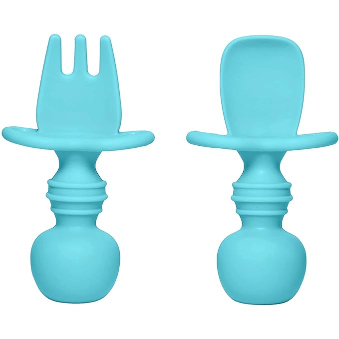 Silikong Silicone Utensils, Baby Fork and Spoon Set, Training Utensils, Baby Led Weaning Stage 1 for Ages 6 Months (Blue)