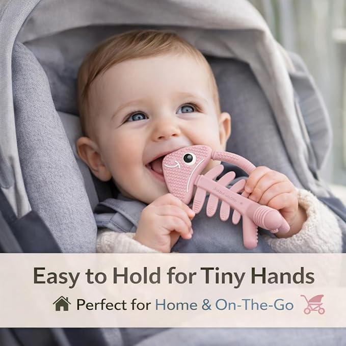 3 in 1 Infant Toys, Baby Teething Toys 3?? 6??2 Months, Teethers for Babies 0??????2 Months for Teething Relief, Baby Gift, Baby Teether Toys, Silicone Sensory Toys,USA Patent Pending, Fish-Rose Pink