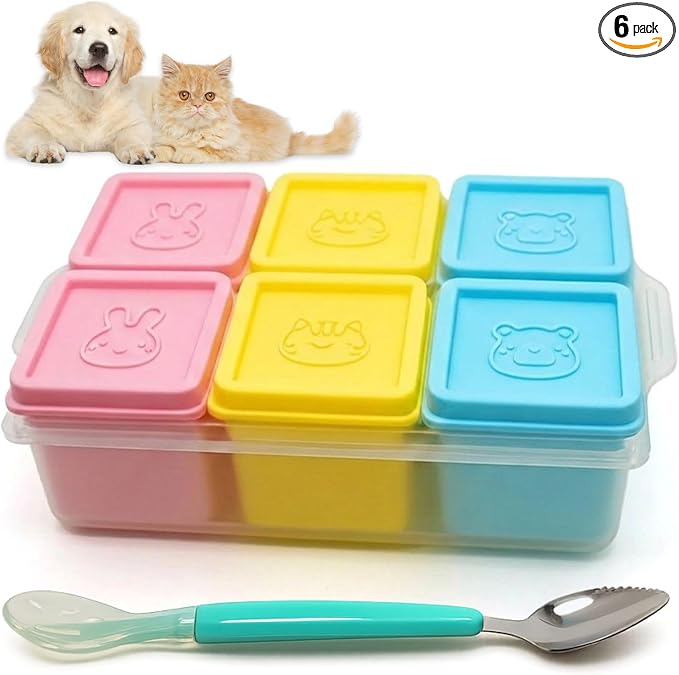 2ME Cat and Dog Food Storage Containers with Lids, 6-Pack 100% Silicone 4oz Each, with Dual-Ended Scoop – Keeps Wet Can Food Fresh, Odor-Resistant,Freezer, Microwave & Dishwasher Safe