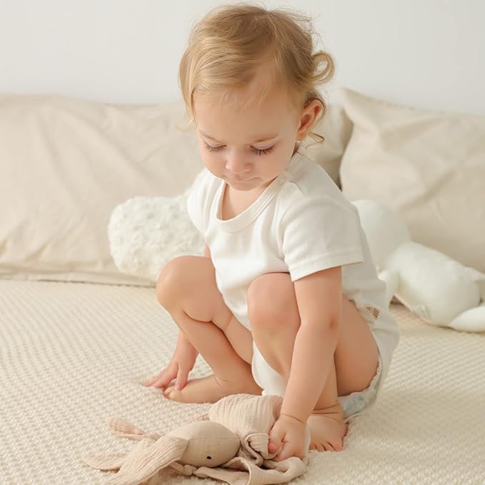 insular Bunny Lovey Blanket for Boys and Girls, Organic Cotton Muslin Security Blanket for Babies, Soft Breathable Lovie Soothing Towel for Newborn and Infant, 2 Pcs Set (Beige&Khaki)