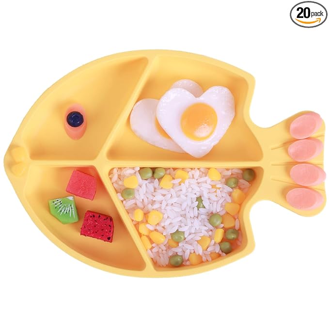 Baby plates with Suction,Silicone Suction Plates for Baby Toddler Kids BPA Free Microwave Dishwasher Safe -Plate yellow fish sets