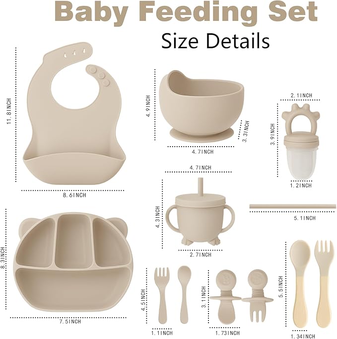 12 Piece BPA-Free Silicone Baby Feeding Set,Non-Slip Suction Plates,Soft Baby Bowls, Wooden Utensils & More ，Make Feeding Time Safe,Dishwasher Safe ??Ideal for 6+ Months