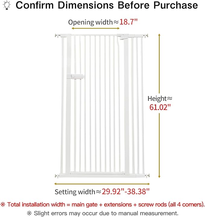 Lumizone Extra Tall Cat Gate 61.02" High Pressure Mounted 29.92"-38.38" Extra Wide 1.37" Gap No Drilling Auto-Close One-Handed Operation Tall Pet Gate for Dogs(White, 61.02" H x 29.92"-38.38" W)