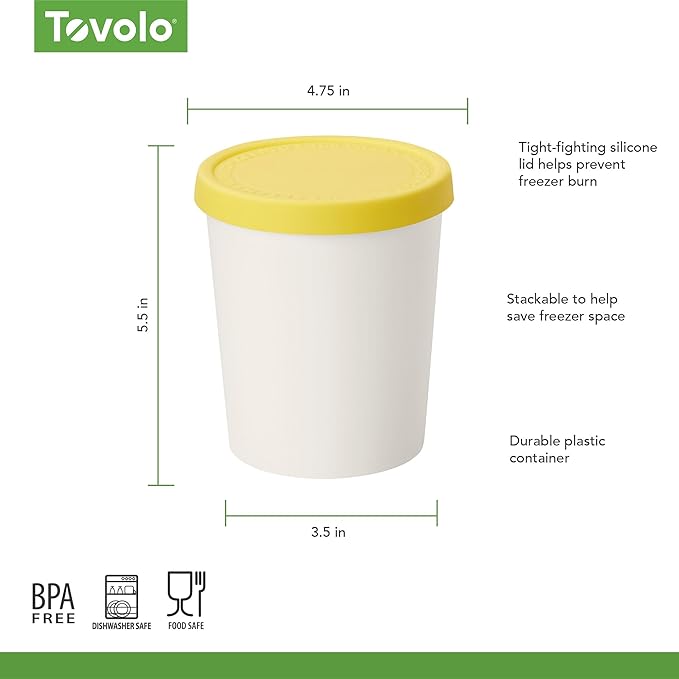 Tovolo Sweet Treat, Reusable Ice Cream Container for Homemade Ice Cream, Lemon - 1 Quart Stackable Storage Tubs with Silicone Lids for Freezer - BPA-Free & Dishwasher-Safe