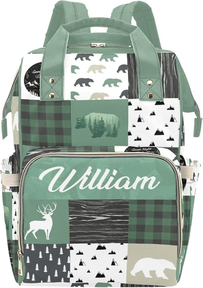 Custom Woodland Deer Bear Baby Diaper Bag with Name – Personalized Nursing Travel Tote Backpack for Mom or Dad, Custom Name Baby Daypack Gift