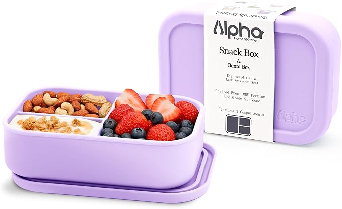 Silicone Bento Box for Kids, 3 Compartment Lunch Box, Small Portions, BPA Free Snack Container, Leak Resistant, Easy to Clean, Dishwasher Safe