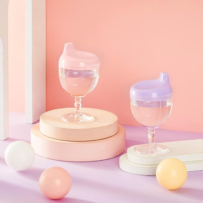 Irenare 2 Pcs Baby Wine Sippy Cup Plastic Goblet Cup No Spill Wine Glass Baby Sippy Goblet Glass Beverage Mug Milk Bottle with Lid for Kids (Pink, Purple)