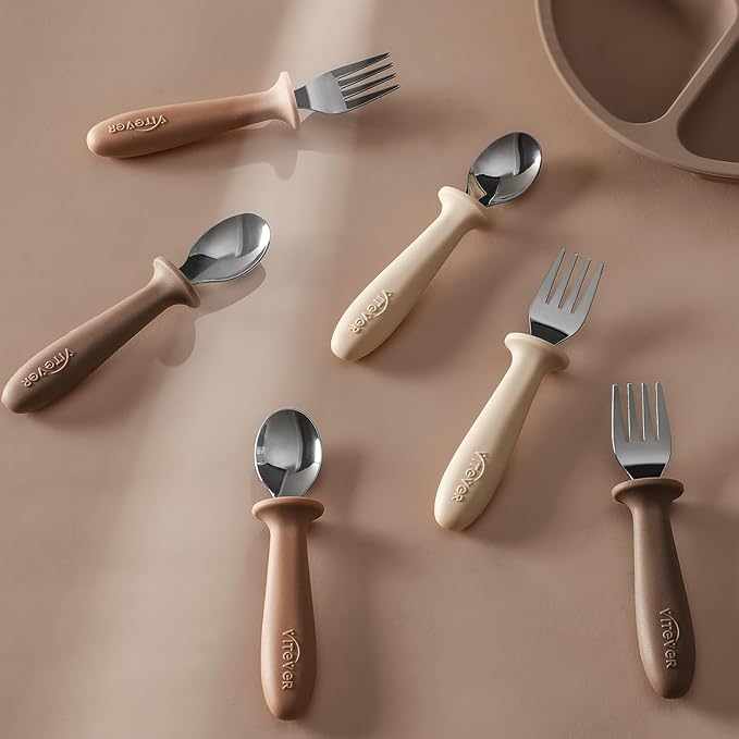 6 Pieces Toddler Utensils, Children Silverware Set with Silicone Handle, Kids Safe Spoons and Forks, Dishwasher Safe, 18/8 Stainless Steel, Food-grade Silicone，BPA Free - Tan