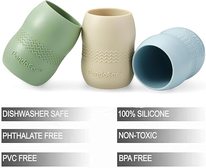 PandaEar 3 Pack 100% Tiny Silicone Drinking Training Cup for Baby and Toddler, Tiny Open Cups for Infants, 3.5oz (Blue/Green/Tan)