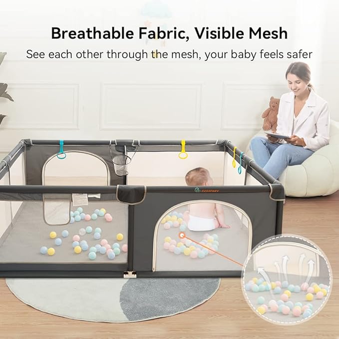 COMOMY Baby Playpen for Toddlers, 79" x 63" Extra Large Playard, Safe and Non-Slip Baby Fence, Full Mesh Design, Indoor & Outdoor Kids Activity Center, Babies Play Pens (Dark Grey)