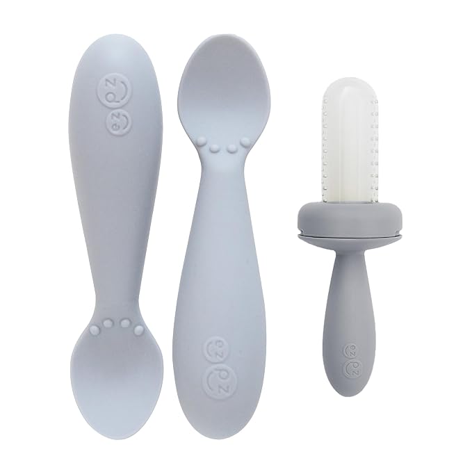 ezpz Baby Feeding Bundle – Tiny Spoon (2-Pack, Pewter) + Gumline Feeder (Sage) – 100% Silicone Baby-Led Weaning Set for 4–6+ Months – Infant Feeding Essentials
