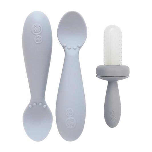 ezpz Baby Feeding Bundle – Tiny Spoon (2-Pack, Pewter) + Gumline Feeder (Sage) – 100% Silicone Baby-Led Weaning Set for 4–6+ Months – Infant Feeding Essentials