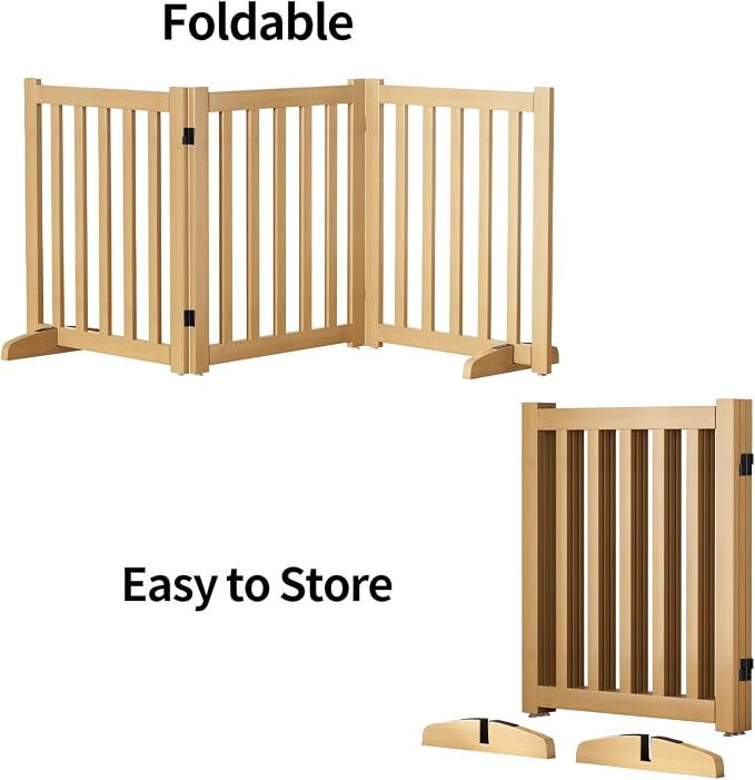 Wooden Freestanding Foldable Dog Gate, 24 Inch Height 3 Panel Pet Gate No Drill for Doorways Stairs, Fully Assembled Indoor Puppy Fence (Wood Color, 60" W x 24" H)