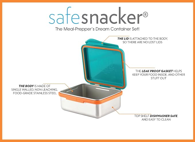 New Wave Enviro Safe Snacker, Stainless Steel Food Container, BPA Free, Stackable and Cabinet Friendly, Teal, Medium Size, 13oz. Capacity