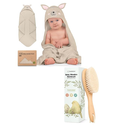 KeaBabies Baby Hooded Towel and Baby Hair Brush - Soft Bath Towels with Hood for Kids and Infant, Wooden Hairbrush with Soft Goat Bristles for Cradle Caps