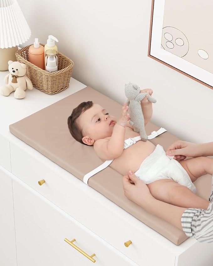 YACODAVO Wipeable Baby Changing Pad for Dresser and Table, Cozy Diaper Changing Pad with Waterproof & Wipe-Clean Leather Cover, Standard Size (31.5" L x 15.8" W), Light Brown