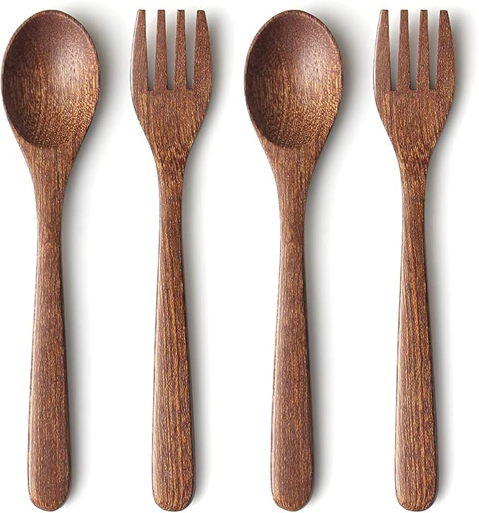 YFWOOD 4-Pieces Natural Wooden Kids Utensils Set, Child Forks and Spoons, Toddler Safe Flatware Hand polishing Anti-slip Portable and ultra light
