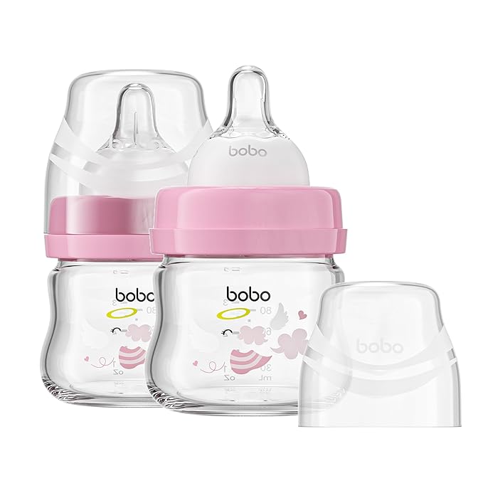 YOHKOH Glass Baby Bottles with Slow Flow Nipple, Newborn Anti-Colic Baby Bottles for 0+ Months, Wide Neck Feeding Bottle, Clear (Red, 2.7oz (Pack of 2))
