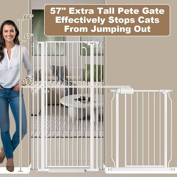 57.09" Extra Tall Cat Gate for Doorways, 43.31'' - 48.03'' Wide High Pressure Mounted Dog Gate, Tall Pet Gates for Doorways No Drilling, Auto Close Safety Baby Gates for Dogs Cats(White)