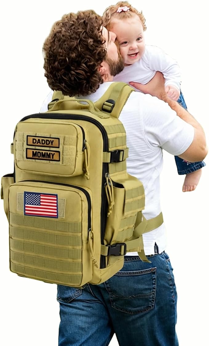 SHARKMOUTH Military Diaper Bag for Dad - Insulated Baby Diaper Backpack with Patches for Hiking Travel Camping - Baby Shower Gifts Tan