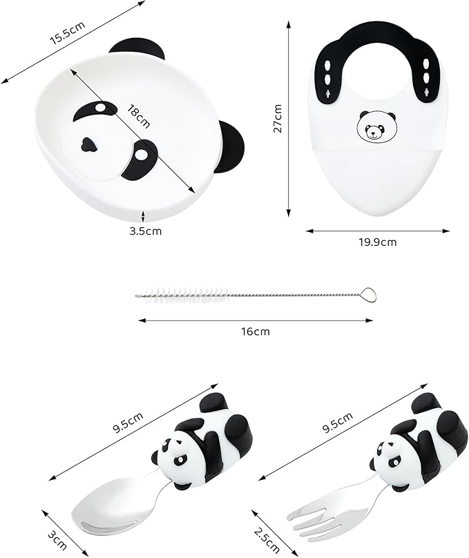 5-Piece Silicone Baby Feeding Set ??Baby Plates with Strong Suction, Toddler Plates Set, Unbreakable Food-Grade Silicone Divided Plate with Spoon, Fork, Bib & Straw Brush