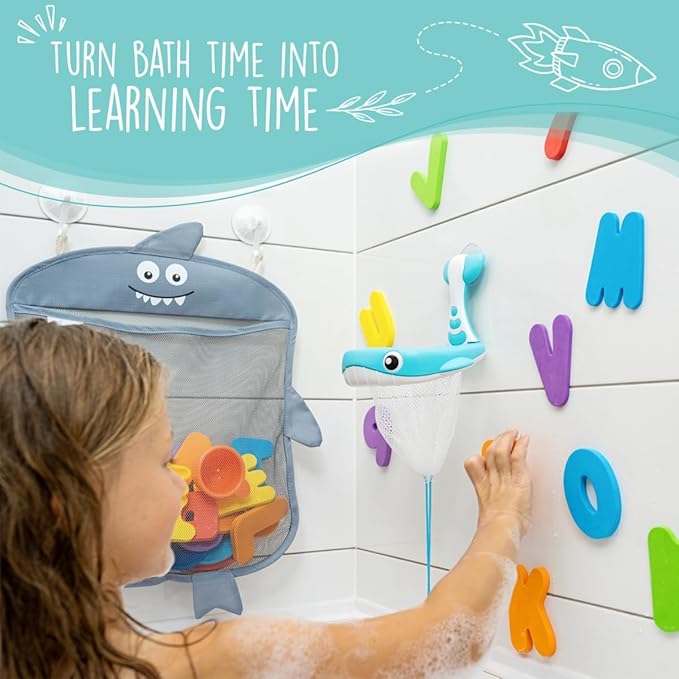 Comfylife 2 x Mesh Bath Toy Organizer + 6 Ultra Strong Hooks + 36 Bath Letters & Numbers ??Eco-Safe, Fun, Educational Foam Letters and Perfect Toy Storage Net for Baby Bath Toys & More