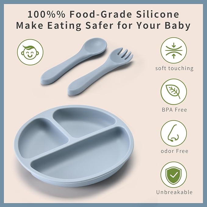 Silicone Baby Feeding Set, Includes Baby Spoons, Toddler Plates and Baby Fork, Suction Plates for Toddlers Divided Design, Microwave and Dishwasher Safe (C-2)
