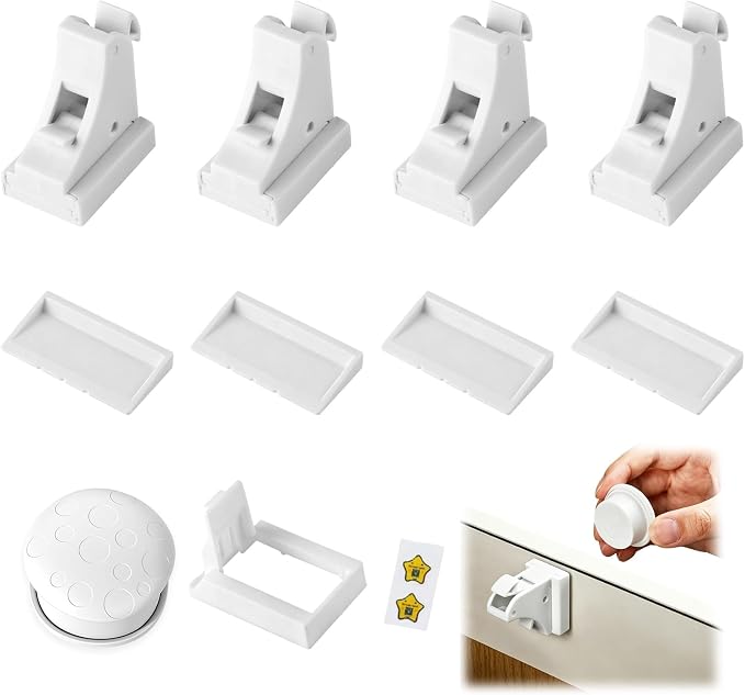 Magnetic Cabinet Locks, 4 Pack Proofing Drawer Locks with 1 Key, No Drilling Invisible Child Safety Locks for Cabinets Drawers Cupboards, Strong Adhesive Easy Installation (4 Locks+1 key)