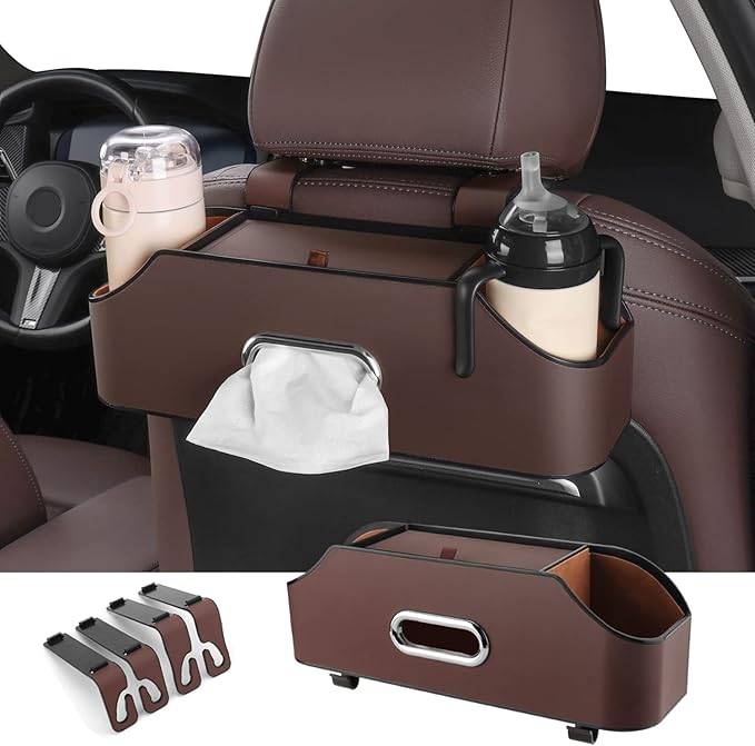 HOLDCY Car Back Seat Organizer with 2 Drink Cup Holder - Tissue Box and Storage Box Hook - Multi-functional Storage - Great for Kids and Travel (Brown)