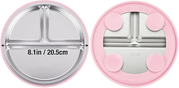 PandaEar 3 Pack Stainless Steel Baby Suction Plates, Divided Toddler Plate for Baby Led Weaning Supplies, Non-Slip Toddler Baby Feeding Set Dishwasher Safe (Pink/Purple/Blue)