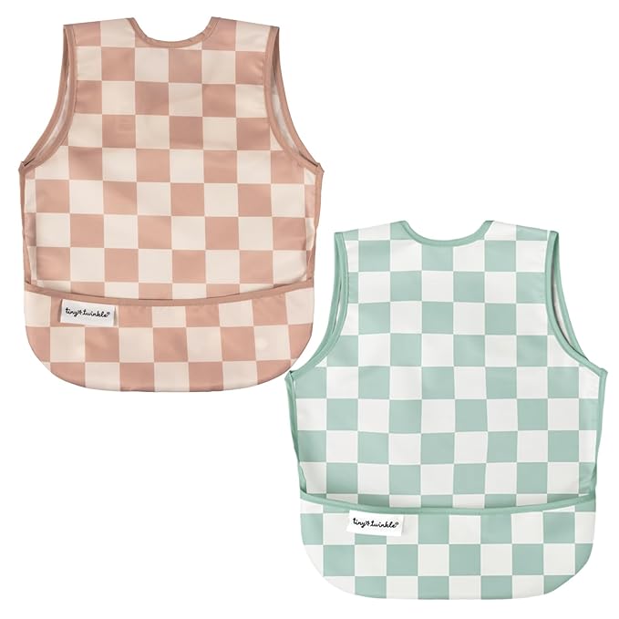 Tiny Twinkle Mess Proof Baby Bibs | 2 Pack Waterproof Toddler Bib for Eating | Baby Apron for Feeding, Machine Washable, Perfect Shower Gift (Beige,Sage Checkers, 6??4M)