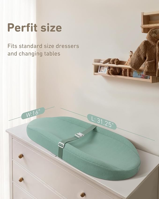 Contoured Changing Pad with Soft & Washable Cover, Waterproof Lining Foam Baby Changing Table Pads for Dresser Top, Secure with Security Strap and Two High Curved Sides, 32?�Ã?6?? Sage Green