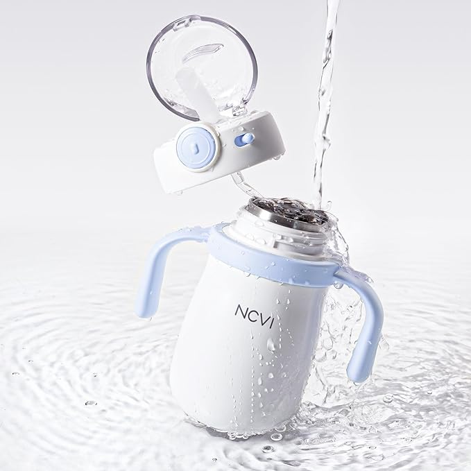 NCVI Kids Stainless Steel Straw Cup for Toddler 1-3 Years Old, Training Tumbler with Straw Spill Proof with Handle, Insulated Bottle to Keep Cold Warm for Water/Milk/Drink, Blue 10floz,Christmas Gift