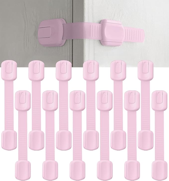 Bates- Child Safety Strap Locks, 12 Pack, Baby Pink, Child Locks for Cabinets and Drawers