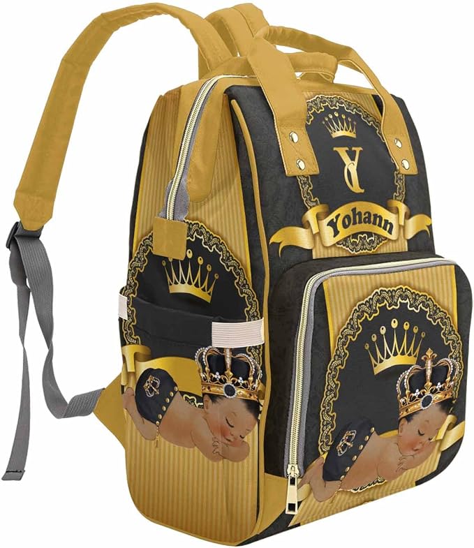 M YESCUSTOM Personalized Baby Diaper Bags for Women Men, Custom Golden Black Prince Backpack Customized Nappy Mommy Bag Backpack for Son Daughter Travel, Camping, Hiking Picnic
