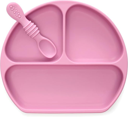 PrimaStella Silicone Baby & Toddler Suction Plate and Spoon Feeding Set - Plum