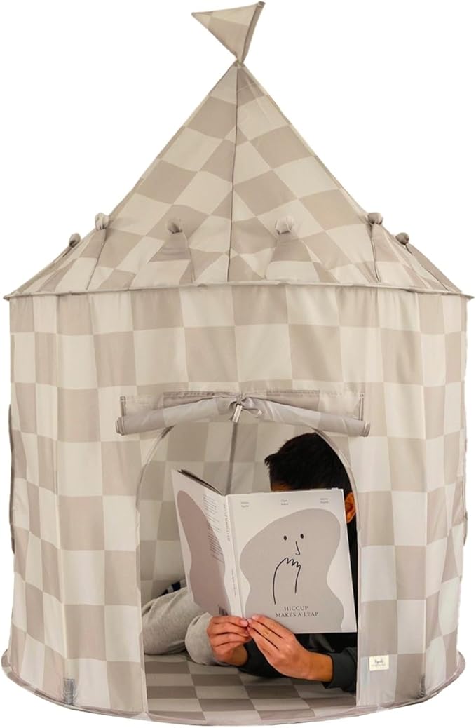 3 Sprouts Kids Play Tent - Sustainable Recycled Fabric ??Fun Spacious Childs Playhouse for Indoor Games for Boys & Girls - Durable Fort Pop Up House for Toddlers & Children Age 3-10 - Checkered Beige