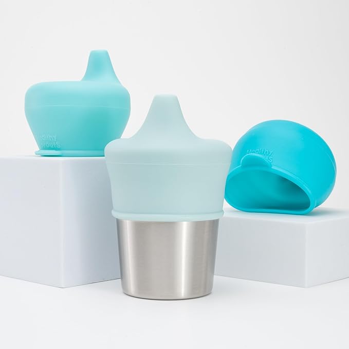 Healthy Sprouts Silicone Sippy Cup Lids - Spill Proof, Fits Any Cup, BPA-Free, Durable & Soft for Babies & Toddlers, Quick to Attach - 3 Pack Silicone Lids for Cups (Steel Blue, Pool, Ice Blue)