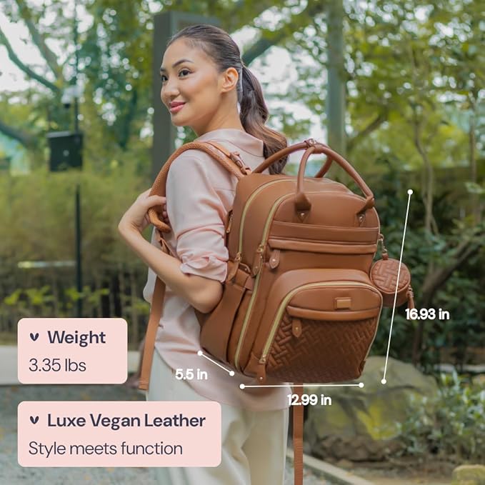BabbleRoo Leather Diaper Bag Backpack - Baby Essentials Travel Baby Bag, Multi function, Water Resistant, with Changing Pad, Stroller Straps & Pacifier Case ??Unisex, Natural Brown